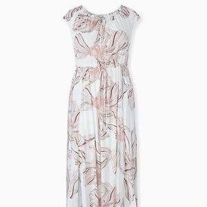 WHITE FLORAL CHALLIS DRAWSTRING MAXI DRESS